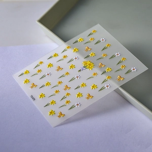 5D embossed nail art stickers featuring yellow narcissus flowers and butterflies