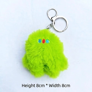 Neon green plush monster charm with blue and red embroidery, 8cm soft furry keychain