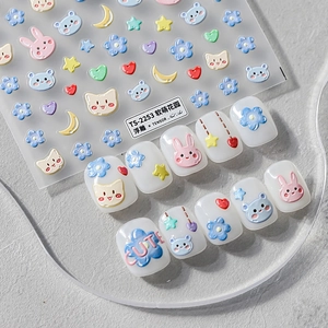 5D Embossed Nail Stickers Cute Cartoon Animal Bear Rabbit Heart Design 3D Self Adhesive PET Manicure Decals For DIY Nail Art
