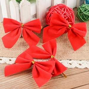 Red Flocked Velvet Christmas Tree Bow Tie Hanging Ornaments Traditional Festive Holiday Decoration With Gold Twist Ties For Home Party