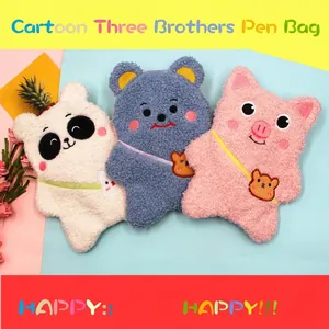 Three-piece plush cartoon pencil case set featuring panda, bear, and pig designs