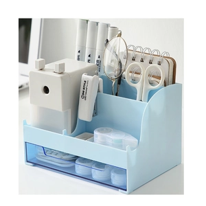 Blue desktop organizer with multiple compartments and transparent drawer for office storage