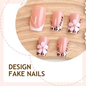 Short square press-on nails with leopard print and 3D pink flowers in French style