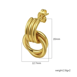 Fashionable gold stainless steel earrings with dimensions 20mm x 12.7mm on white background