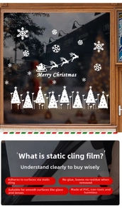 Detail of white Christmas window decals featuring reindeer and electrostatic PVC film
