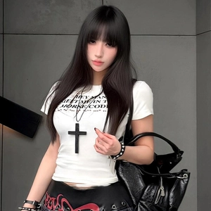 Gothic street style white t-shirt with cross pendant necklace and morse code print