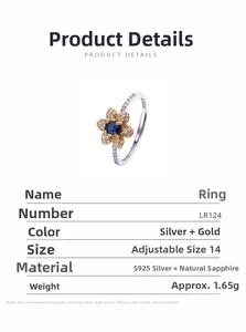 Close-up of S925 silver flower ring with blue sapphire gemstone and diamond accents