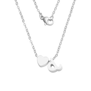 Detail of mirror-polished stainless steel heart pendant and lowercase letter a charm