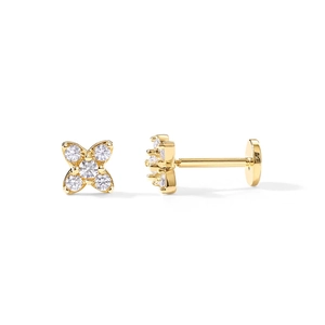 Close-up of gold S925 silver screw back studs with clear gems and flat back design