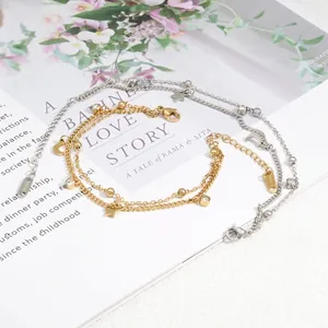 Elegante bracciale a doppio strato in acciaio inossidabile con ciondoli stella luna e zirconi