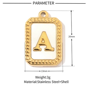 Golden stainless steel rectangle shell letter A pendant with dimensions 20mm x 13mm