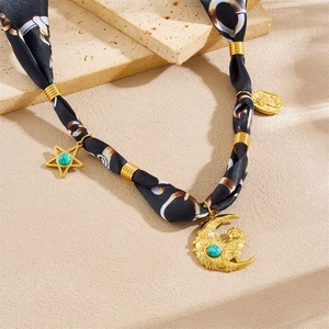 Leopard print silk scarf necklace with golden moon, star charms and Forever Love plaque