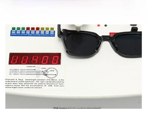 Detail showing UV400 protection test for square leopard temple sunglasses on a digital device
