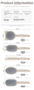 Detailed dimensions and product specifications for various massage hair combs and brushes