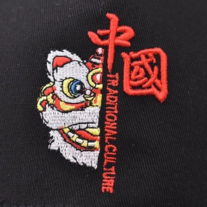 Black baseball cap with Chinese lion dance embroidery and traditional culture text