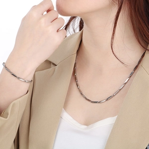 Unisex stainless steel diamond link chain necklace and bracelet set in silver finish