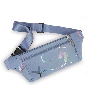 Blue sports waist bag with reflective lettering and adjustable strap for running