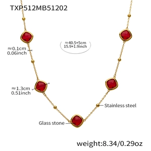 Detailed specs of stainless steel necklace with five square red glass stones on white base