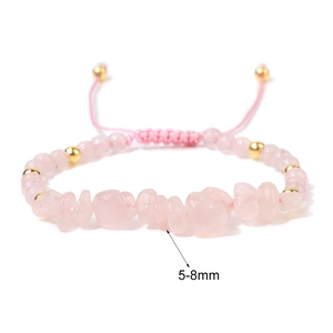 Close-up of adjustable pink crystal gravel braided bracelet with 5-8mm natural stone beads
