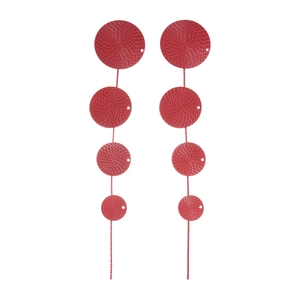 Red long tassel earrings with four textured round discs in a minimalist hanging design