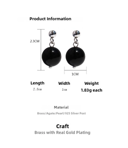 Detailed size specifications for minimalist black agate ball earrings with 925 silver pins