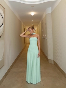 Elegant mint green strapless maxi dress with side slit and matching scarf detail