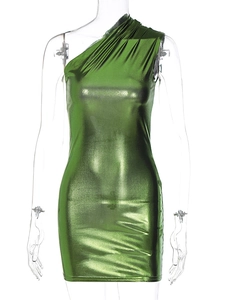 Detail of green metallic one-shoulder mini dress with side ruching on a white background