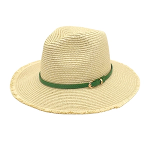 Classic beige straw fedora sun hat with green leather strap and gold buckle accent