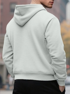 Rear view of a light gray men's fleece hoodie showing fabric texture and ribbed hem detail