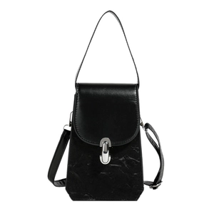 Black minimalist crossbody square bag with pleated texture and silver twist lock