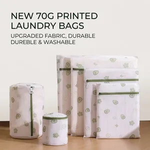 Detailed view of honeycomb mesh laundry bags with avocado patterns and green zippers