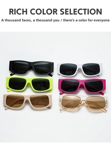Selection of retro square sunglasses in six vibrant colors with wide frames and dark lenses