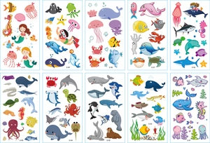 Detail view of 10 sheets featuring cute cartoon ocean creature temporary tattoos for kids