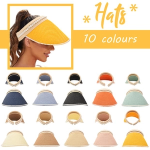 Detail of straw sun visors with pearl trim and open top design in 10 diverse colors