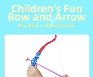 Close-up detail of a blue and red plastic toy bow with three pink suction cup arrows for kids