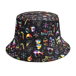 Christmas Bucket Hat Polyester Double Sided Sun Protection Merry Christmas Happy New Year Print Black For Men Women