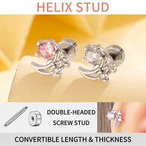 Moon Star Cartilage Stud Ear Piercing Titanium Steel Copper Zirconia Screw Back Jewelry For Women Sweet Elegant