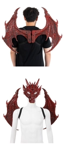 Detail of red and black dragon mask and wings set with realistic foam texture for cosplay