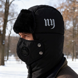 Winter windproof Ushanka trapper hat with fur lining and removable face mask with air valve