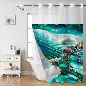 Detail of waterproof waffle shower curtain with marine shell and pearl ocean patterns