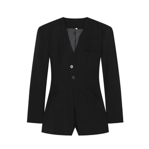 Barboteuse Blazer Femme À Manches Longues Col Tailleur Col En V Combishort Croisé Coton Élasthanne Élégant Noir