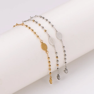 Minimalist stainless steel beaded cross bracelets with Virgin Mary medals in gold and silver