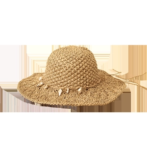 Handmade woven wide brim straw hat with natural shell pendants in khaki summer style