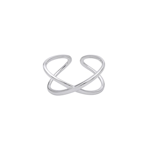Macro shot of silver minimalist double-layer crossover open ring with polished finish