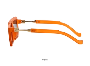 Side view of orange translucent square sunglasses with golden metal hinges and details