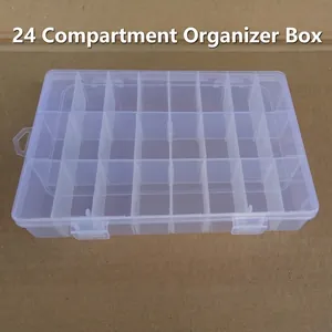 Macro view of 24 grids clear plastic organizer box with secure flip-top lid buckles