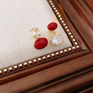 Vintage French Asymmetric Red Oval Bead Clear Zircon Drop Earrings Gold Plated Brass With Silver Earring Post For Women