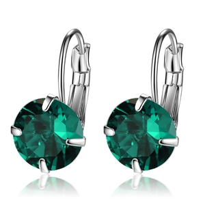 Detailed view of green round-cut crystal earrings with silver lever-back settings
