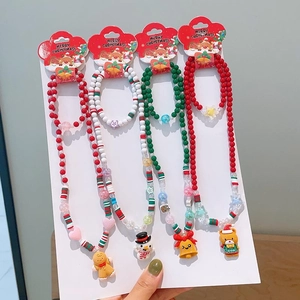 Christmas Jewelry Beaded Necklace And Bracelet Cartoon Santa Claus Reindeer Resin Beads Holiday Party Gift For Girls Kids