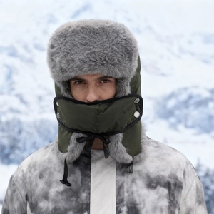 Winter thermal trapper hat in army green with grey faux fur and windproof face mask